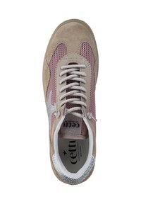 Beige and pink athletic shoe with suede and mesh textures, silver accents, flat laces, and a logo on the insole. Rounded toe shape.