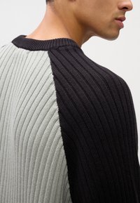 Strickpullover mit einem strukturierten schwarzen und hellgrauen Rippenmuster, ausgestattet mit Rundhalsausschnitt und kontrastierenden Strickmustern an beiden Seiten.