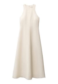 Yksiolkaiminen, polvipituinen mekko kermabeigeässä kankaassa, joka on sileä ja viimeistelemätön helma, ja siinä on korkea kaula-aukko sekä yksinkertainen muotoilu.