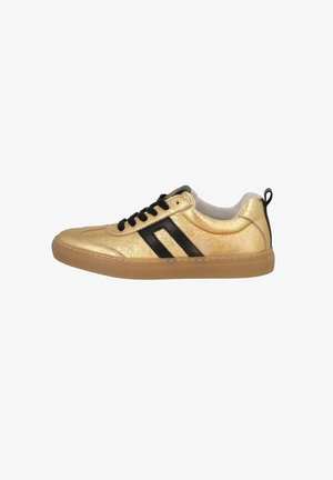 Gold sneaker with black stripes, textured surface, rubber sole, lace-up closure, and padded collar. Features a small heel tab.
