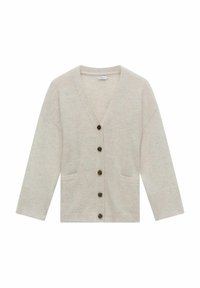 Ljusgrå cardigan i mjukt stickat material, med V-ringning, fem bruna knappar, två framfickor och ribbade ärmslut.
