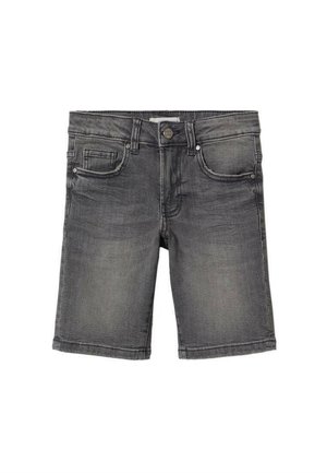 Ciemnoszare szorty dżinsowe z przednim guzikiem i suwakiem, pięciokieszeniowym krojem oraz subtelnym przetarciem.