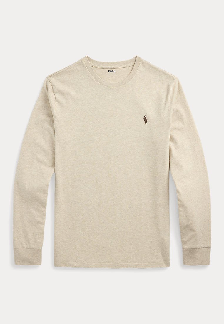 Beige long-sleeve crew neck shirt with small dark Polo logo on the left chest, displayed flat on a white background.