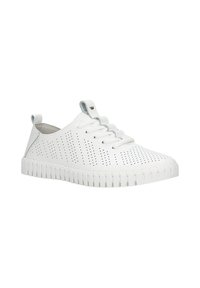Witte geperforeerde sneakers met een ronde neus, platte veters en een getextureerde rubberen zool met verticale groeven. Subtiele grijze accenten bij de hak.