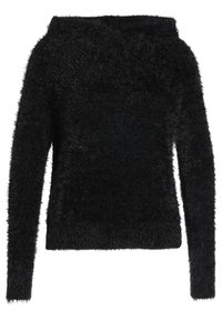 Schwarzer, flauschiger Pullover mit langen Ärmeln und einem schulterfreien Ausschnitt. Weiche Textur mit leicht lockerer Passform und minimalen Details.