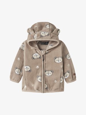 Veste en polaire marron douce pour tout-petits avec motif têtes d'ours, capuche avec oreilles d'ours et fermeture éclair devant.