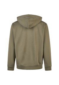 Olive green hooded sweatshirt with a soft texture, adjustable drawstring, and ribbed cuffs. Simple back design without pockets or embellishments.