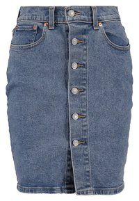 Keskisininen denimi seeliku, millel on sobiv kuju, frontaalne nööbi sulgemine ja kaks taskut. Tekstuuriga kangas, millel on sile pind.