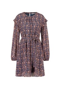 Robe à manches longues avec un motif floral bleu marine et rose, taille cintrée avec une ceinture, encolure ronde et fermeture éclair au dos.