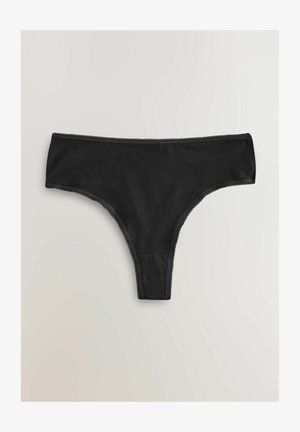 Juodas medvilninis tangų kelnaitės su lygiu paviršiumi, papuoštas nėrinių apvadu juosmens ir kojos angų srityje, suteikiančiu papildomą detalumą.