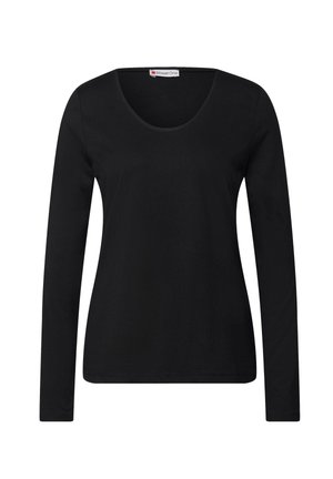 T-shirt noir à manches longues et décolleté plongeant en tissu doux avec une texture lisse. Comprend une étiquette au niveau du col. Design simple et ajusté.