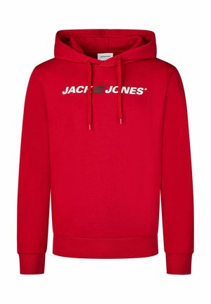 Felpa rossa con cappuccio con coulisse, tasca a marsupio e polsini a costine, con stampa del logo bianco sul petto. Materiale in misto cotone.