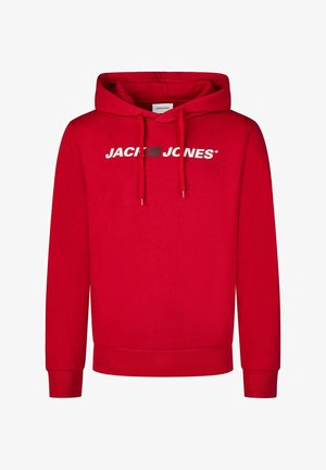 Rode hoodie met een kangoeroezak, capuchon met trekkoord en geribde manchetten, met een witte logoafdruk op de borst. Gemaakt van een katoenmix.