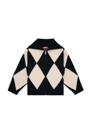 Cardigan tricoté noir et blanc à manches longues avec un grand motif losange et une fermeture éclair à l'avant.