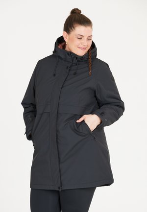 Black waterproof jacket with a hood, featuring adjustable drawstrings, side pockets, and a mid-thigh length for added warmth.