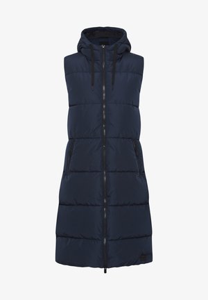 Navy puffer vest with a hood, full front zip, two side pockets, quilted texture, and black drawstrings. Lightweight insulation for warmth.