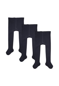Tre paia di collant blu scuro realizzati in materiale morbido, con una superficie liscia, copertura completa del piede e cucitura sul retro.
