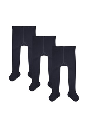 Tre paia di collant blu scuro realizzati in materiale morbido, con una superficie liscia, copertura completa del piede e cucitura sul retro.