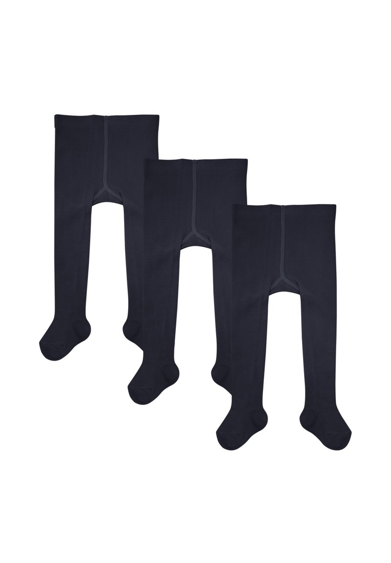 Tre paia di collant blu scuro realizzati in materiale morbido, con una superficie liscia, copertura completa del piede e cucitura sul retro.