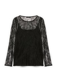 Top lungo nero a maniche realizzato in pizzo, con scollo quadrato, texture trasparente e motivo floreale, dotato di orlo dritto.
