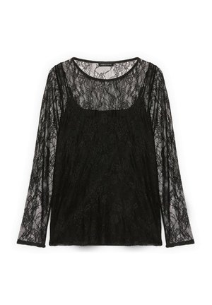 Schwarzes Langarmoberteil aus Spitze mit quadratischem Ausschnitt, transparenter Textur und floralem Muster sowie geradem Saum.