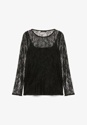 Top lung cu mâneci lungi, negru, din dantelă, cu decolteu pătrat, textură transparentă și imprimeu floral, având un tiv drept.