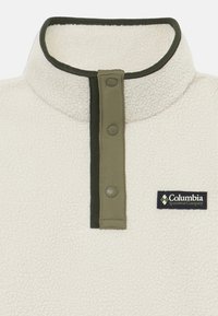 Pull en polaire crème avec un col montant vert et une fermeture à pression. Arbore un logo Columbia sur un patch en tissu sombre. Texture douce.