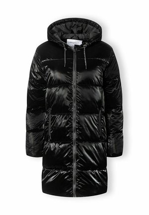 Czarna kurtka puchowa o błyszczącym wykończeniu, z kapturem, zapięciem na zamek z przodu oraz dwoma bocznymi kieszeniami. Posiada pikowane sekcje dla lepszej izolacji.