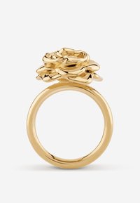 Goldring mit einer skulptierten roseförmigen Oberseite, geschmeidigem, rundem Band und glänzender polierter Oberfläche auf einem weißen Hintergrund.