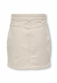 Jupe en denim blanc au design ajusté, avec une taille brodée texturée et un ourlet droit en bas.