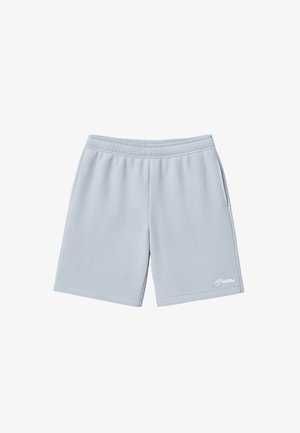 Pantaloni scurți din țesătură texturată gri deschis, cu talie elastică, buzunare laterale și mic logo alb „Interzis” pe partea inferioară a piciorului drept.
