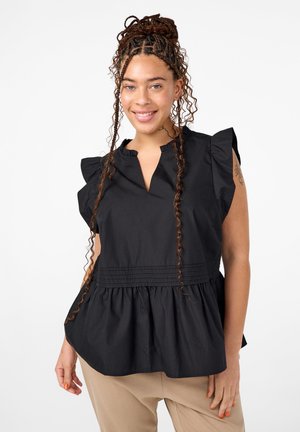 Zwarte peplumtop van lichtgewicht stof, met ruches mouwen, een keyhole halslijn en eenGathered taille voor een comfortabele pasvorm.