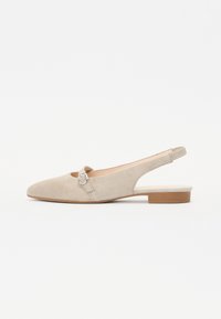 Beige suede slingback shoe with a pointed toe and a small buckle detail. Flat heel and slightly cut-out sides enhance breathability.