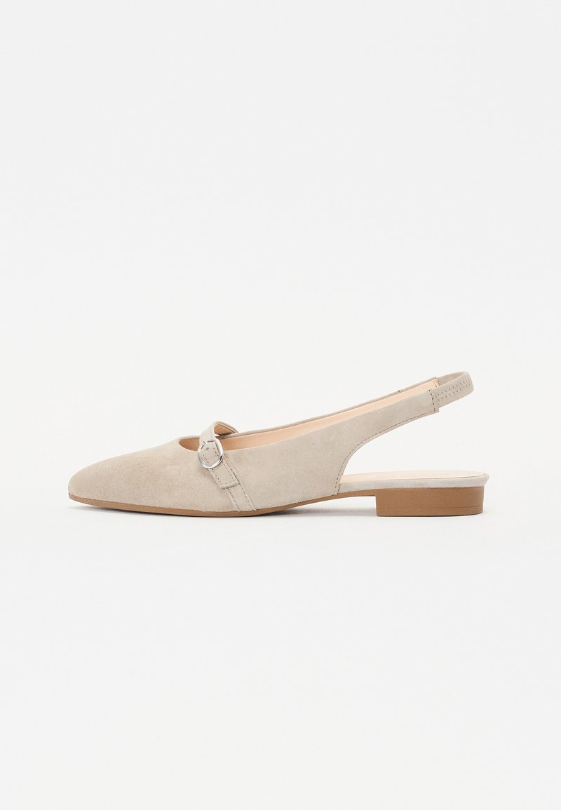 Beige suede slingback shoe with a pointed toe and a small buckle detail. Flat heel and slightly cut-out sides enhance breathability.