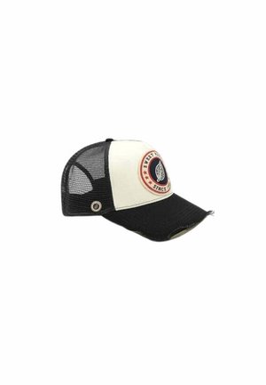 Cappellino trucker a rete bianco e nero con visiera curva, bordo consumato e toppa circolare con una foglia e testo sul pannello anteriore.
