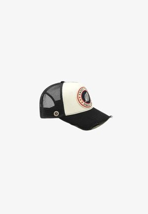 Casquette de camionneur en résille noir et blanc avec une visière courbée, un bord usé et un patch circulaire avec une feuille et du texte sur le panneau avant.