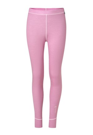 Lyserøde leggings lavet af blødt materiale, med en tætsiddende pasform, glat tekstur og kontrasterende syninger. Logoet på den nederste del af benet tilføjer detalje.
