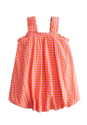 Pink-orange kariertes ärmelloses Kleid für Kleinkinder mit gerafften Trägern und einem lockeren, puffigen Rock.
