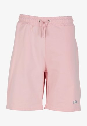 Svetlo roza športne kratke hlače iz mehkega materiala, z elastičnim pasom in vrvico, ter majhnim logotipom na spodnjem levem delu noge.