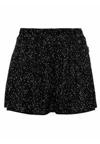 Shorts noirs plissés avec un motif de points blancs épars et une taille élastique, conçus pour une tenue décontractée.