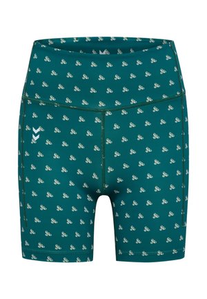 Turkosa cykelshorts med ett upprepat vitt blommönster, högt midjedesign och en mjuk, stretchig textur för komfort och rörlighet.