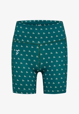 Turkosa cykelshorts med ett upprepat vitt blommönster, högt midjedesign och en mjuk, stretchig textur för komfort och rörlighet.