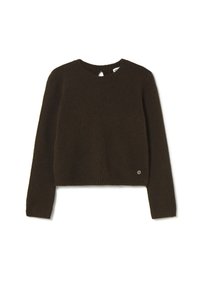 Brauner verkürzter Pullover aus weichem Material, mit rundem Ausschnitt, langen Ärmeln und einem kleinen Logoakzent am Saum.