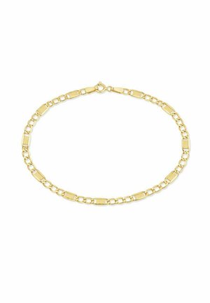 Pulsera delicada de cadena de oro con eslabones rectangulares alternos lisos y texturizados y cierre de anillo de resorte sobre un fondo blanco.