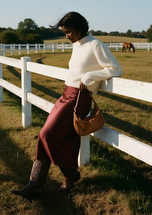 White knit turtleneck sweater, burgundy satin skirt, brown leather cowboy boots with embossed design, and a brown shoulder bag, against a field backdrop.