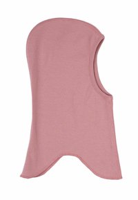 Balaclava in tessuto rosa chiaro con parte superiore arrotondata e design a viso aperto, caratterizzata da un materiale morbido e bordi lisci, adatta per il clima freddo.