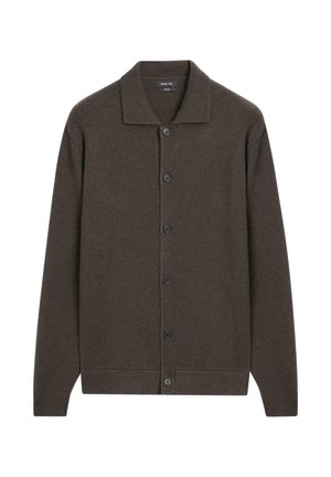 Dunkelbraune Strickjacke mit langen Ärmeln, fünf vorderen Knöpfen, einem Kragen sowie gerippten Bündchen und Saum.