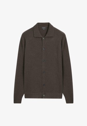 Dunkelbraune Strickjacke mit langen Ärmeln, fünf vorderen Knöpfen, einem Kragen sowie gerippten Bündchen und Saum.