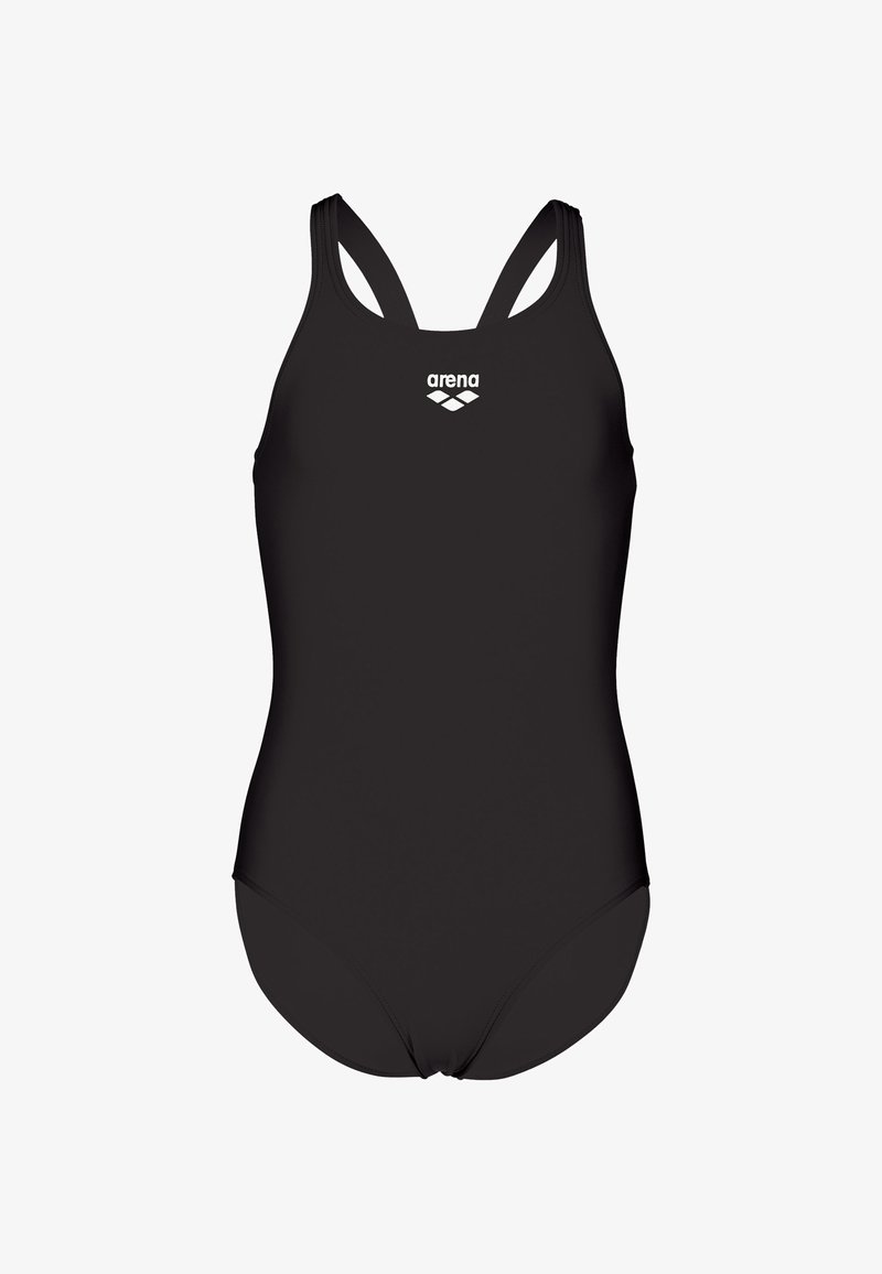 Maillot de bain noir avec un design dos nageur, doté de fines bretelles et d'un logo Arena blanc sur le devant. Texture lisse et coupe ajustée.