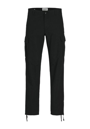 Black cargo pants with a straight fit, made from durable cotton. Features multiple side pockets and adjustable ankle ties.